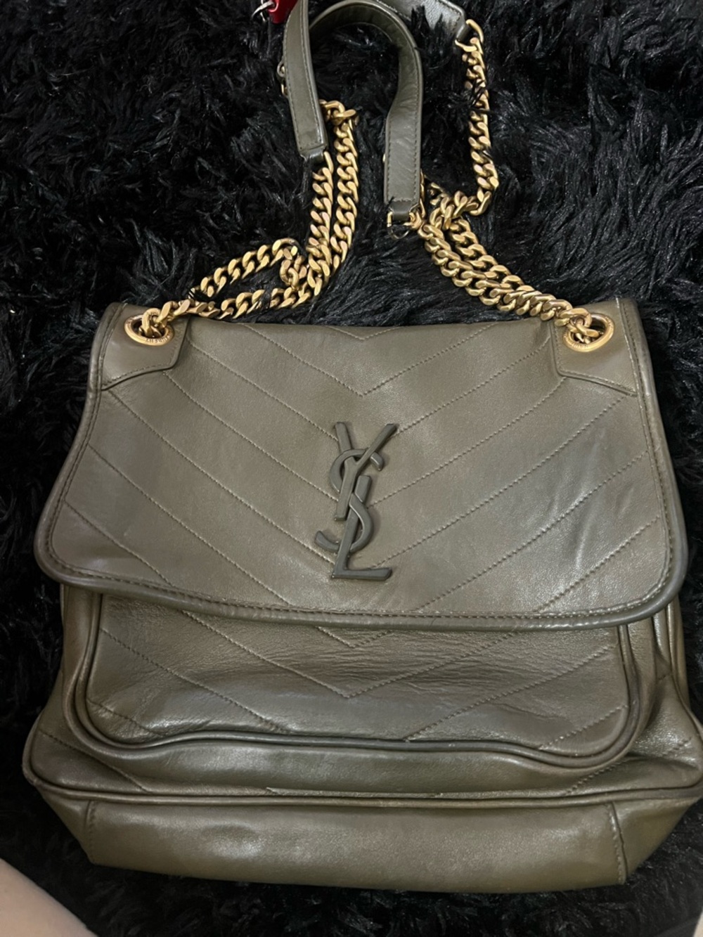 Saint Laurent Olive Green Chevron Leather Shoulder Bag with Gold Chain